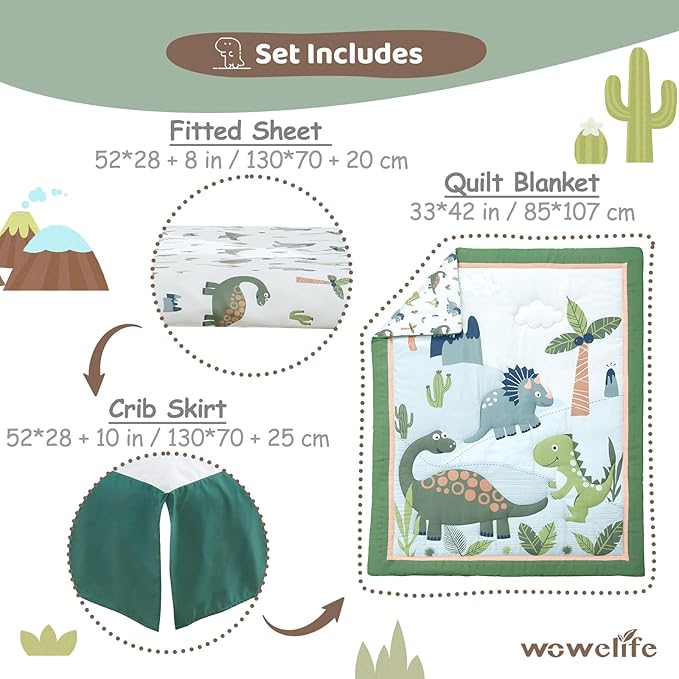 Wowelife Dinosaur Crib Bedding Set for Boys Green, Premium 3-Piece Baby Bedding Set, Nursery Crib Set, Newborn, Infant & Toddler Nursery Bed Set, Green Dinosaur