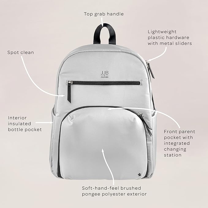 JJB by JuJuBe - New Deluxe Diaper Bag Backpack with Portable Changing Pad, Stroller Straps, Large Travel Backpack for Boy or Girl, Carrying Baby Bottles, Diapers, Pacifiers, Grey, Mother's Day Gift