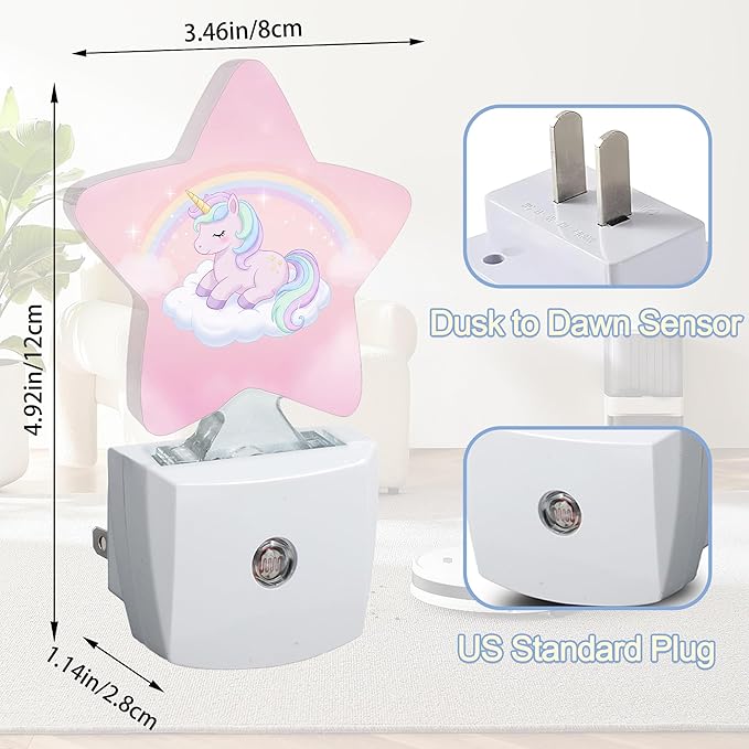 Rainbow Unicorn Dusk to Dawn Star Night Light,Cute Pink Sky Smart Sensor Nightlight for Bedroom Kitchen Hallway Stairs,Plug-in Energy Efficient Decor Desk Lamp Women Men Gifts