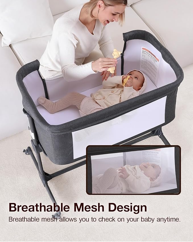 Larex Baby Bassinet, 3 in 1 Bassinets Bedside Sleeper for Newborn, Portable Crib Adjustable 7 Height Bedside Bassinet with Mattress and Wheels Dark Grey