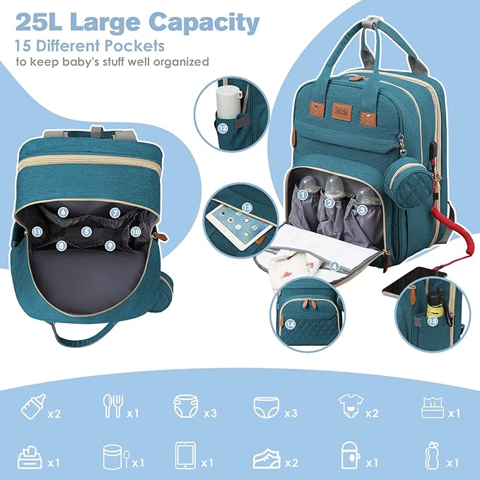 Diaper Bag Backpack, Large Diaper Bag with Changing Station, Baby Bag, New Mom Gifts, Lightweight Waterproof Unisex Diaper Bag with Insulated Pockets and USB Charging Port, Cyan