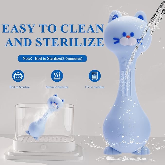 Baby Rattle Teething Toys Cat Silicone Teether Rattles for Baby 0-36 Months Food Grade Silicone (Blue)