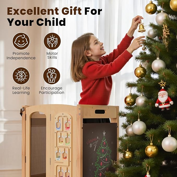 Toddler Tower Foldable Toddler Kitchen Stool Helper with 2 Step Stool, Safety Net, Adjustable Height, Chalk-Whiteboard& Montessori Activity