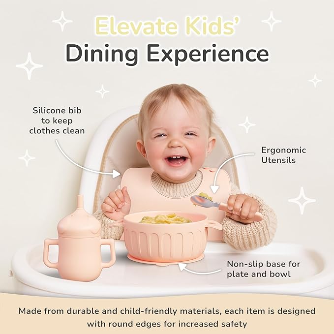 mimi & kiki BPA-Free Silicone Baby Feeding Set, Baby Plates and Bowls Set, Baby Led Weaning Supplies, Silicone Suction Plate, Baby Utensils, Bib and Cup, Self Feeding, Dishwasher Safe (Light Pink)