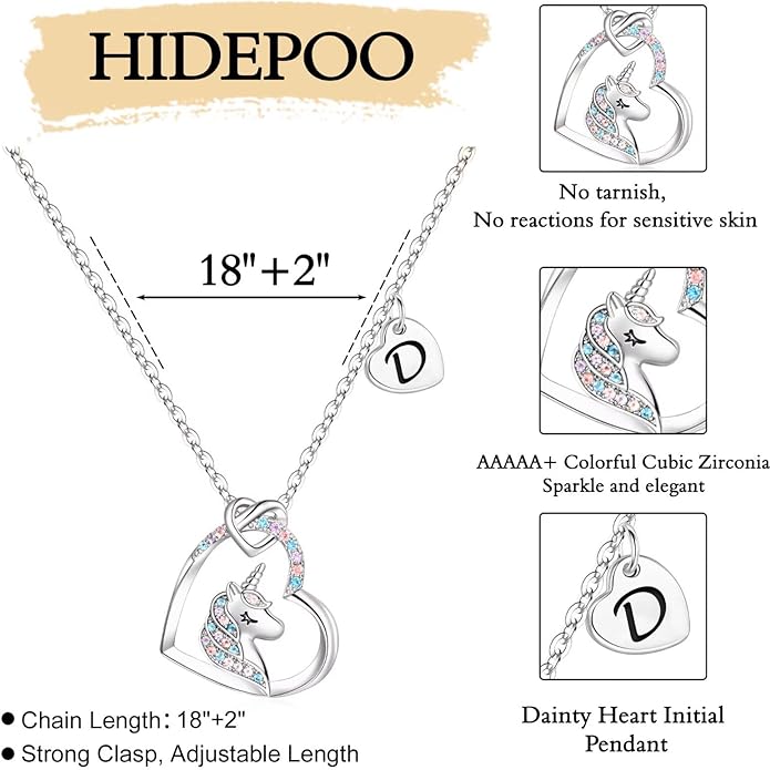 Hidepoo Unicorn Necklace Gifts for Girls - Colorful CZ Heart Pendant Initial Unicorns Necklaces for Teens Little Girls Jewelry Birthday Gift for Girl Daughter Granddaughter Niece
