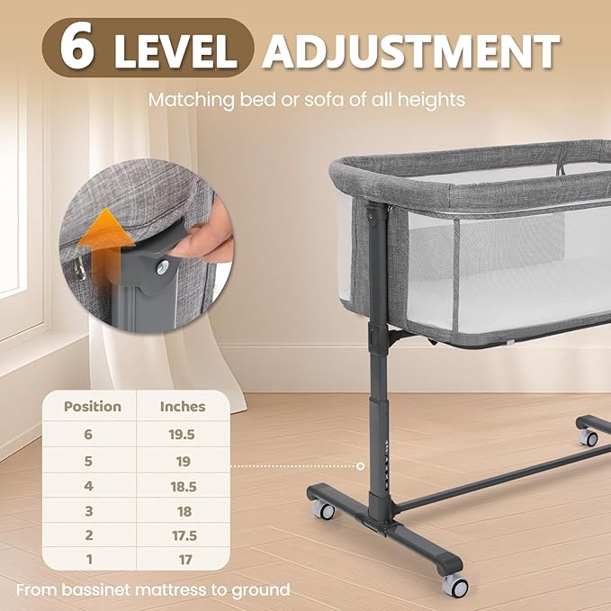 Kinder King Baby Bassinet w/Wheels, Folding Portable Newborn Bedside Sleeper, All-Sided Mesh Infant Crib, Adjustable Height, Removable Soft Mattress, No Tool to Assemble, Grey