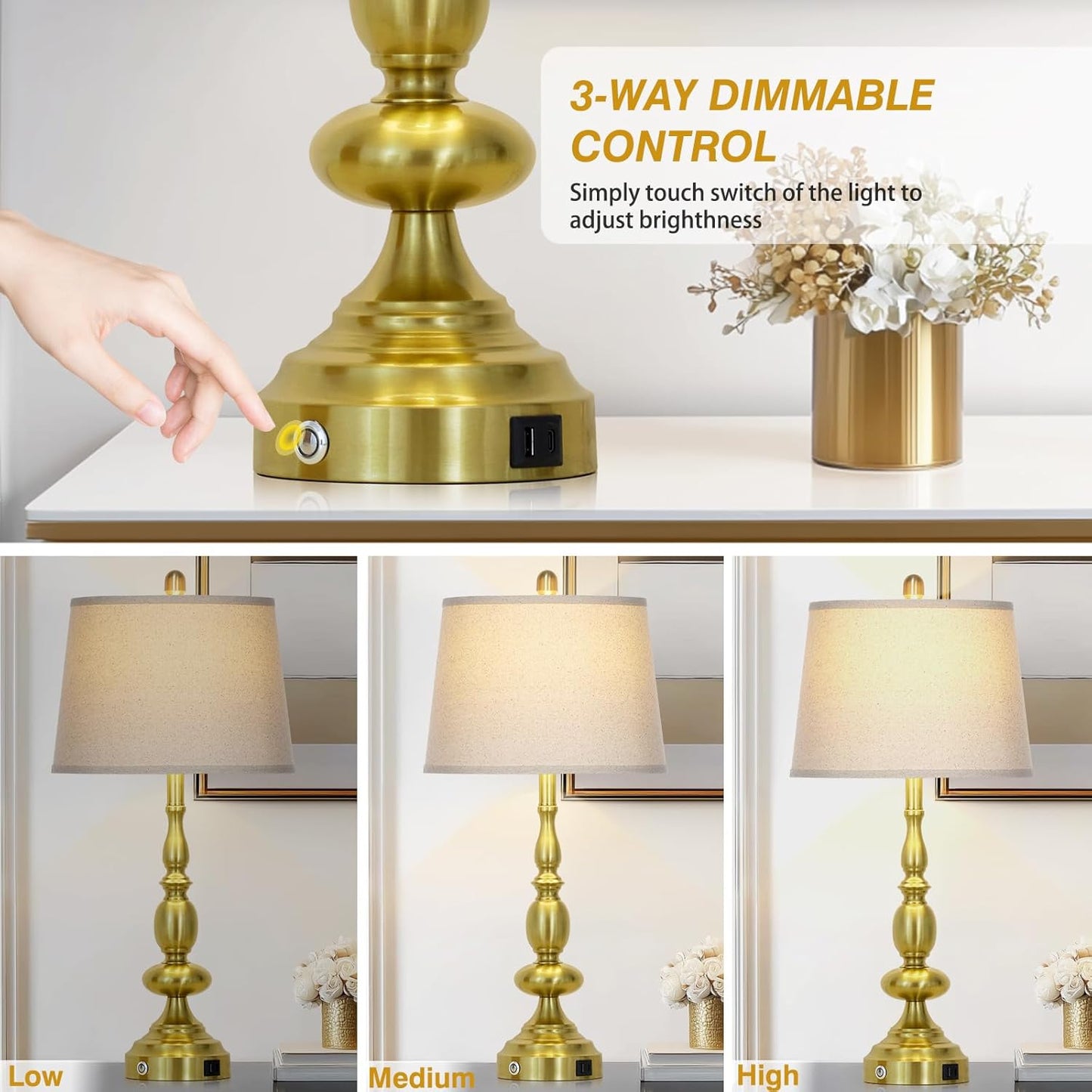 29" Modern Gold Table Lamps Set of 2, Industrial Touch Control 3-Way Dimmable Bedside Lamp with USB C+A Ports, Metal Farmhouse Nightstand Lamps for Living Room Bedroom End Tables(2 LED Bulbs Included)