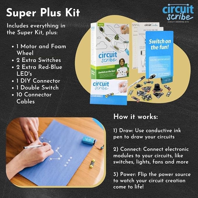 Circuit Scribe Super Kit Plus | Circuit Drawing Conductive Ink Pen & 19 Electronics Modules | Workbook with 27 Lessons | Learning & Education STEM