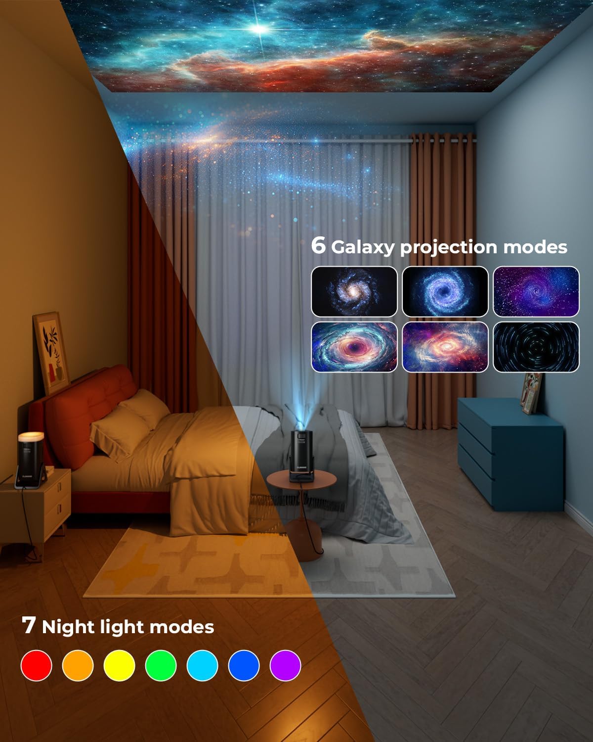 CLOKOWE Mini Projector, 4K 1080P Support projector with wifi and bluetooth,270°Adjustable Stand Outdoor Home Theater galaxy Projector with Android TV OS & 8000+APPS for Phone/TV Stick/Laptop/HDMI