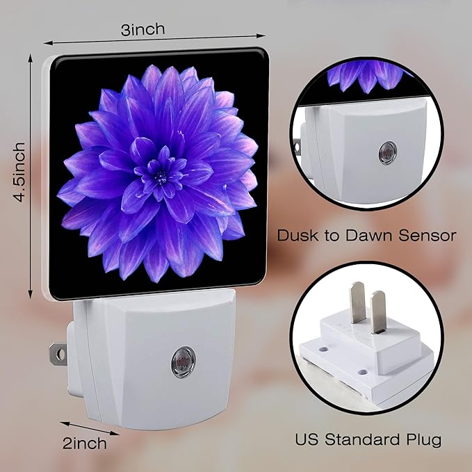 Purple Dahlia Flower Night Light for Kids, Abstract Blooming Floral Night Light Plug in with Dusk to Dawn Sensor, 0.5w Energy Saving Sleep Friendly Nightlight for Hallway Stairway Kitchen Bedroom