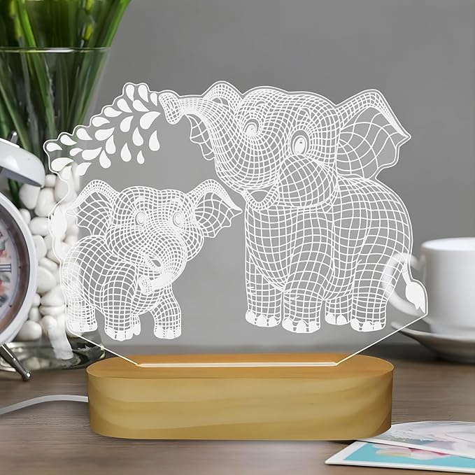 Elephant Shape 3D Crystal Acrylic Light Base with Wood Stand, LED Light for Kids Room Decor, Gift for Mom on Birthday or Holiday, Home Décor Art Display