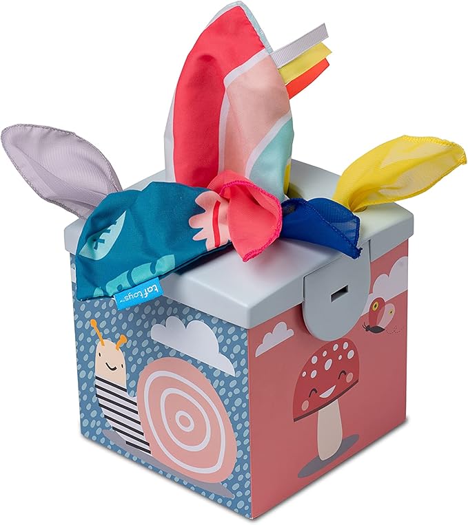 Taf Toys Sensory Crinkle Tissue Box for Toddlers. STEM Montessori Toy with Colorful Soft Scarves and Crinkling Blankies