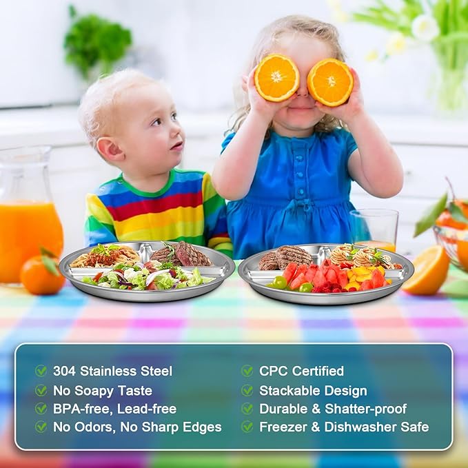 EWFEN Stainless Steel Toddler Plate Set of 6, 9" Portion Control Plates Divided Plate for Adults Kids Balance Lunch, Non Slip | Unbreakable Toddler Baby Feeding Set Dishwasher Safe