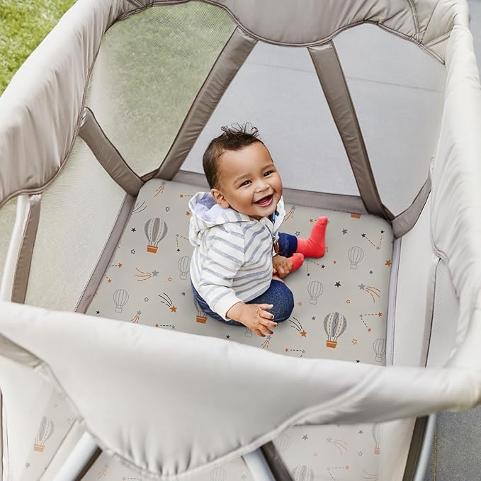 Pack n Play Sheets, BROLEX 2 Pack Mini Crib Sheets,Stretchy Portable Fitted Playard Sheet Set, Convertible Playard Mattress Cover,Ultra Soft Breathable Material,Starsmoon Balloon