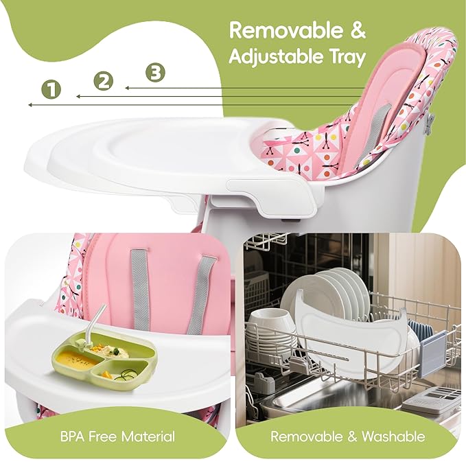 15 in 1 Convertiable High Chair for Babies and Toddlers, 2 in 1 Highchair & Activity Center w/Toys, Booster Seat, Toddler Chair w/5-Point Harness & Removable Tray & 2-Layer Cusion (Pink)