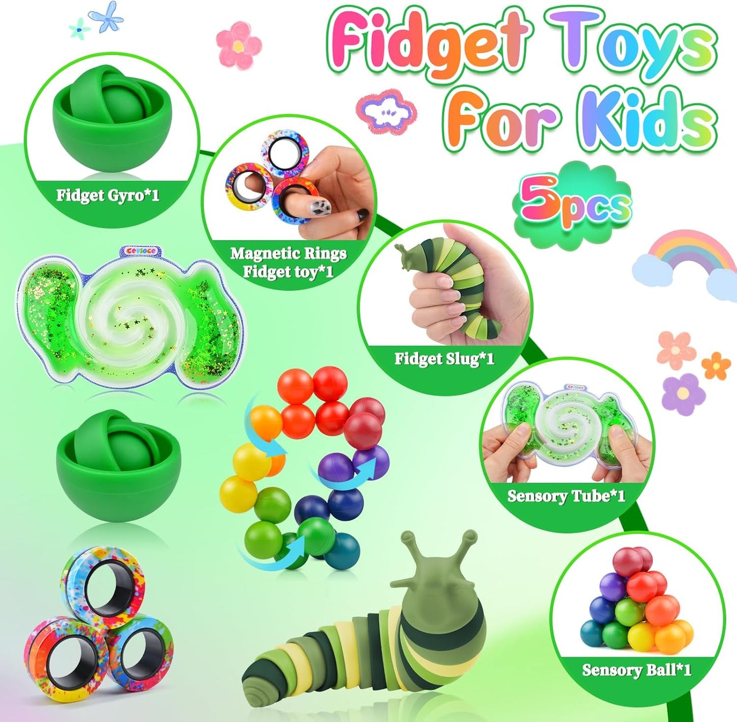 Cevioce Sensory Toys 5 Pcs Fidget Toys Bulk,Christmas Basket Stuffer Present Party Favors,Autism Sensory Toys for Autistic Children,Toddler Stress Relief Toy for Boys Toddlers Girls Teens for Age 3+