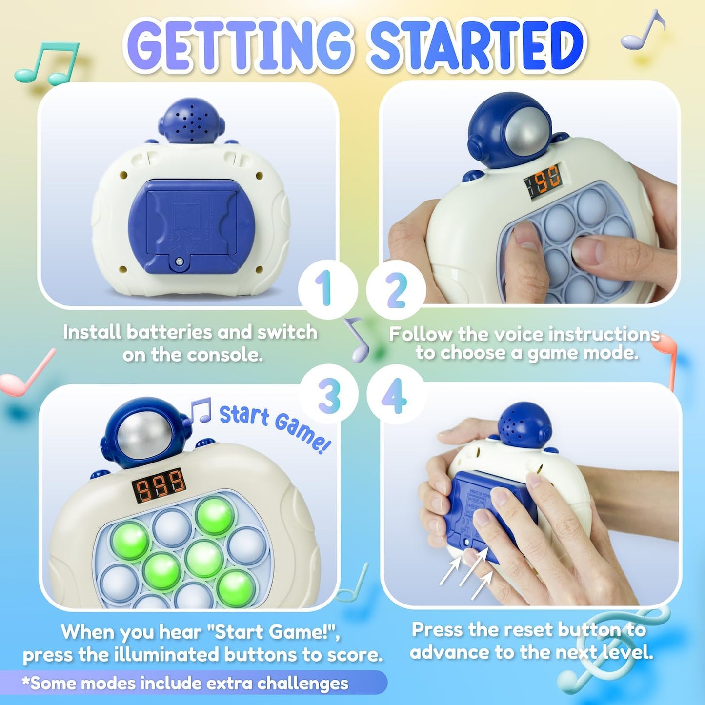 Marlo & Buzz Fast Push Game Toy with Popit Game Controller, Pop Fidget Animal with LED Screen - Sensory and Memory Console, Quick Bubble Light Toy, Pocket Games (Astronaut)