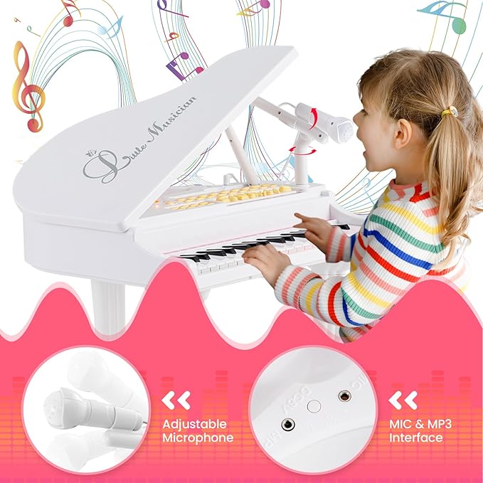 HONEY JOY Classical Kids Piano, 37-Key Toy Mini Grand Piano with Music Stand & Stool, Portable Electronic Educational Musical Instrument Toy w/ Microphone, Lights, Gift for Kids (White, 37 Keys)