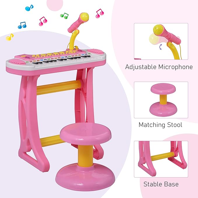 Qaba Kids Toy Keyboard Piano Toddler Electronic Instrument with Stool, Microphone and Bright Flashlight for Children Birth Gift, Pink