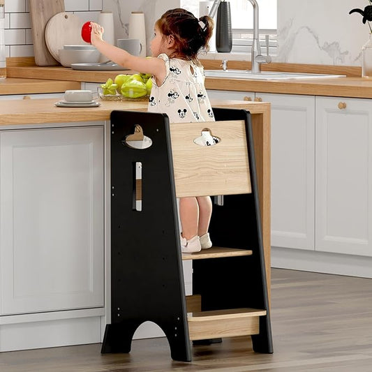 COSYLAND Toddler Standing Tower Adjustable Height - Super Stable Kids Kitchen Stool Helper - 3 Levels Adjustable Wooden Toddler Kitchen Stool (Natural & Black)