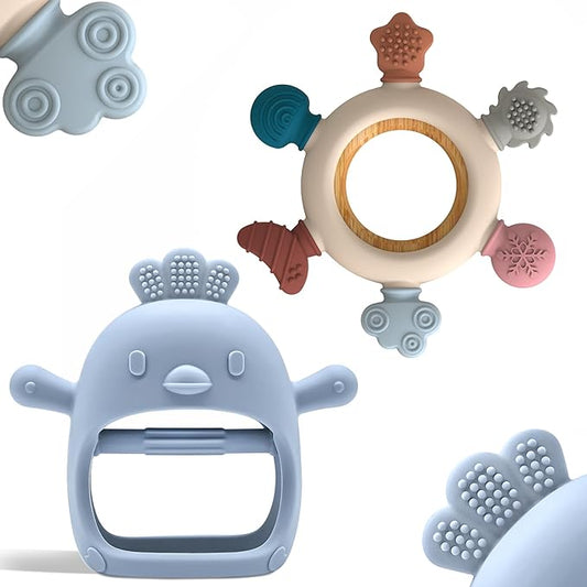 Baby Teething Toys by Komfy LilLove, No Drop Teether and Ring Teether for Baby Teething Relief, Non-Toxic Infant Toys 0-6 6-12 Months, CPC Certified Teething Mitten, Baby teether Toys – 2 Pack