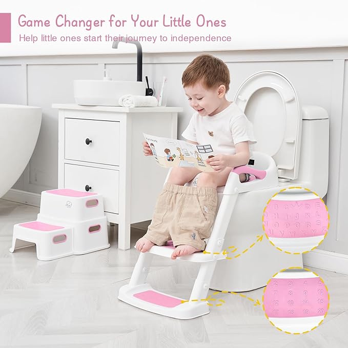 Forbena Potty Training Toilet Seat with Step Stool Ladder, Toddler Kids Potty Seat for Girls, Non Slip Foldable Toilet Training Seat with Soft Cushion, Comfortable Handles (White-Pink)