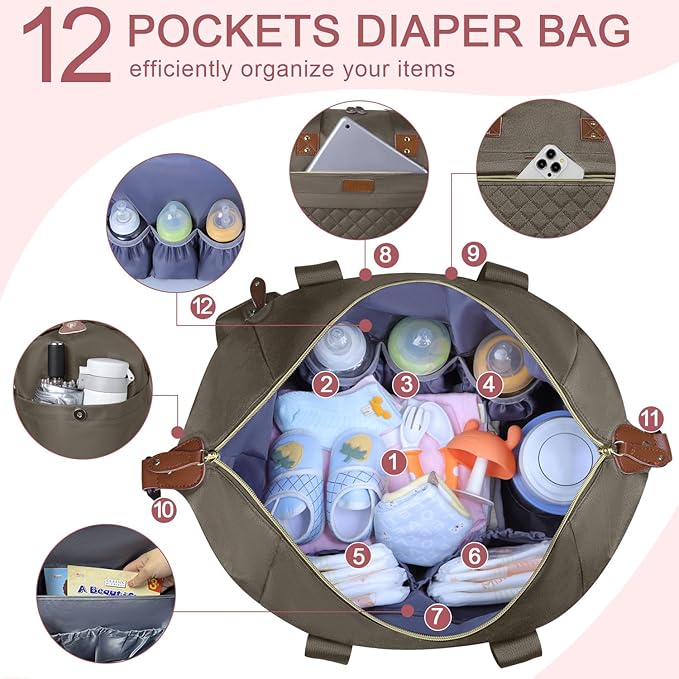 Diaper Bag Tote, Diaper Baby Bags with Pacifier Case, Shoulder Straps, Stroller Clips, Waterproof Large Mommy Bag Maternity Bag Travel Baby Bag for Mom and Dad, khaki