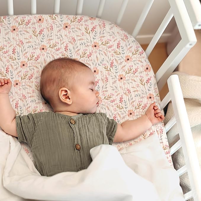 lulumoon Muslin Bassinet Sheets for Girls: Skin-Friendly Floral Bedside Bassinet Sheets for Baby - Fitted for Bedside Sleeper Mattress