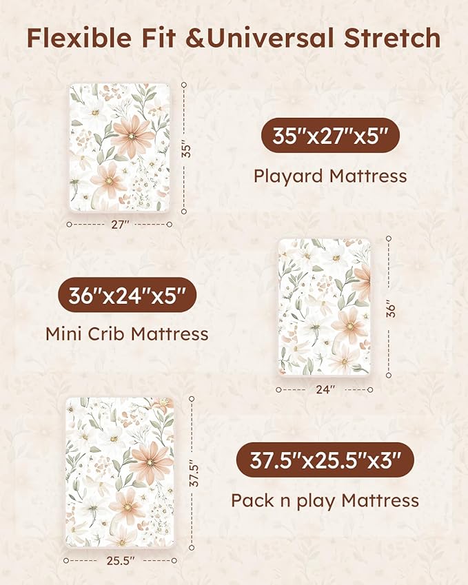 Pack and Play Sheets Fitted 3 Pack, Mini Crib Sheets for Pack N Play Mattress Stretchy Portable Playard Sheets, Soft Breathable Orange Flowers & Plaid