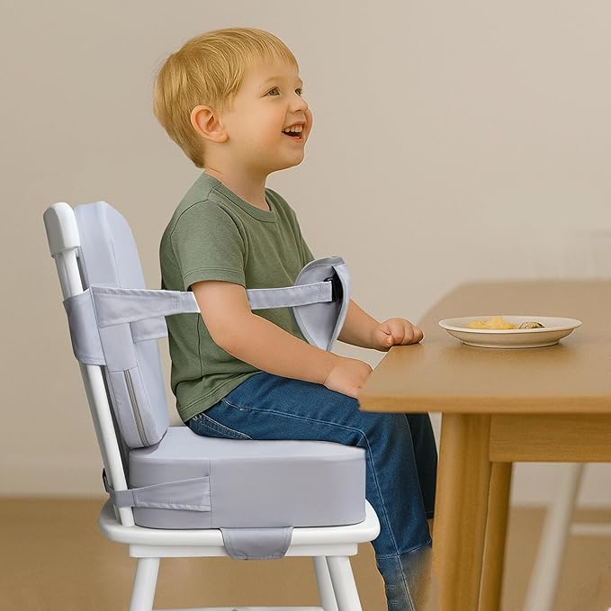 Toddler Booster Seat for Kitchen Chair and Dining Table, Non-Slip Cushion with Backrest, Adjustable Straps, Waterproof and Portable for Travel - Grey