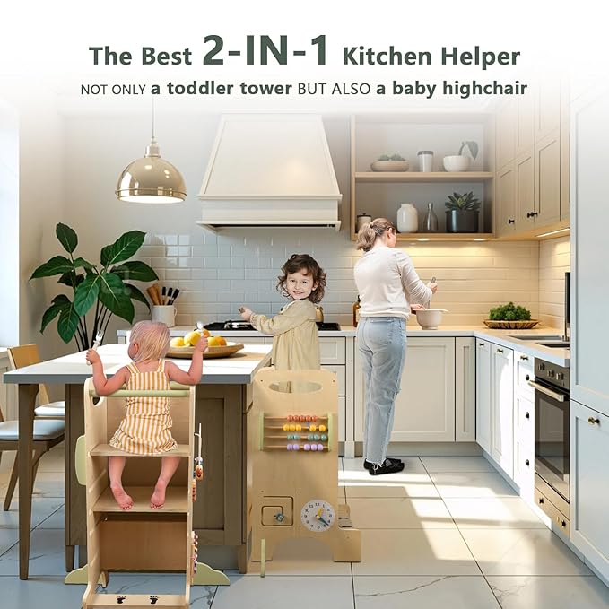 Wooden Toddler Tower Adjustable Height Step Stool, Toddler Kitchen Stool Helper with 8 Fun Learning Activities (Chalkboard, Slide, Bead Maze, Xylophone)