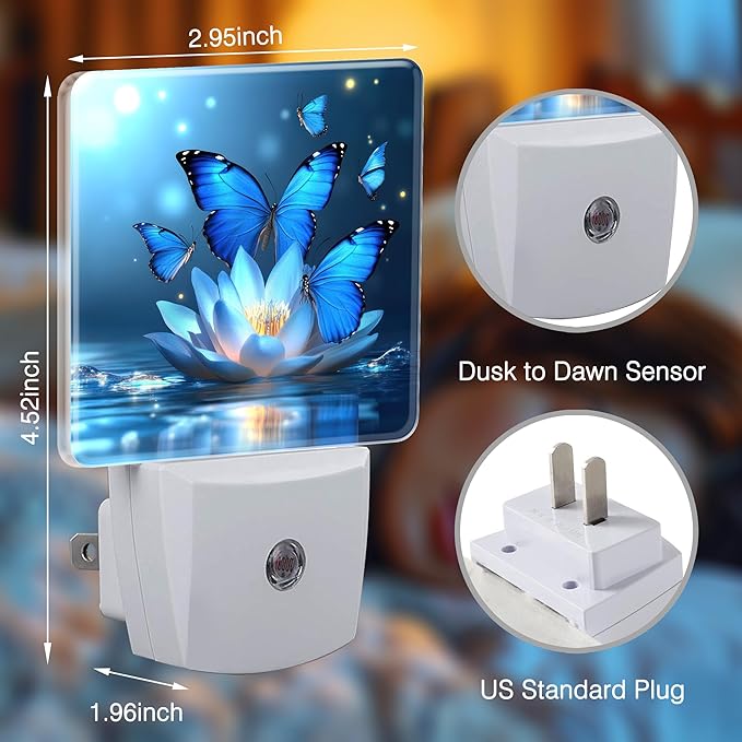 Lotus Night Light Plug into Wall with Dusk to Dawn Light Sensors Water Lily in Pond Butterfly Floral Night Light LED Lamp for Bedroom Hallway Home Wall Decor Nightlight for Girls Boys Men Women