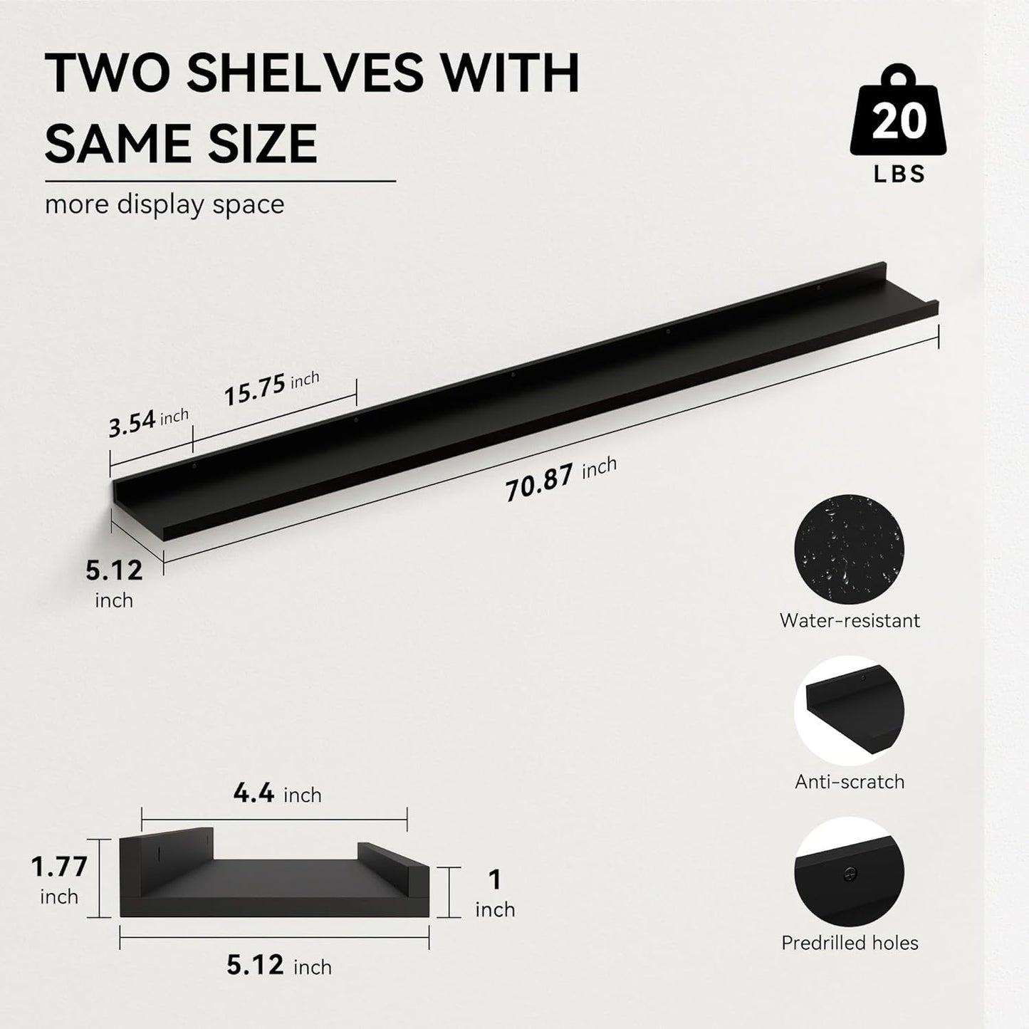 70.9 Inches Long Floating Shelves, 2 Set Modern Wall Shelf for Bedroom, Nursery Book Shelf with Lip, Picture Ledge Shelf for Wall Decor Living Room Bathroom Kitchen - Black