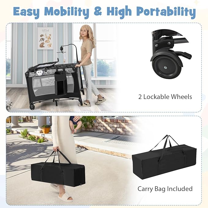 HONEY JOY Pack and Play, 4 in 1 Portable Baby Playard with Bassinet, Changing Table, Lockable Wheels, Music Box, Foldable Travel Baby Crib Nursery Center from Newborn to Toddler (Dark)