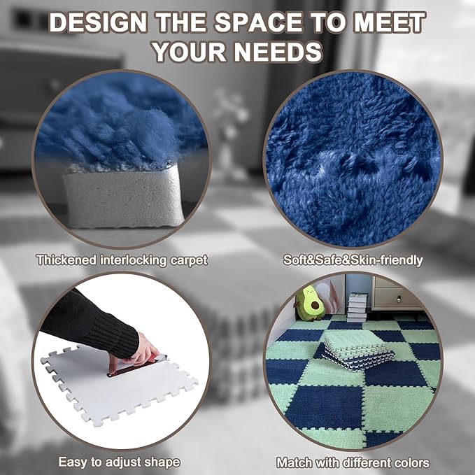 16pcs 0.6" Thickened Interlocking Tile Mats,Fluffy Shaggy Soft EVA Foam Area Rug for Living Room&Bedroom,Non-Slip Protective Floor Carpet Play Mat Kids Baby Dorm Home Decor 11.8ft (Navy Blue)