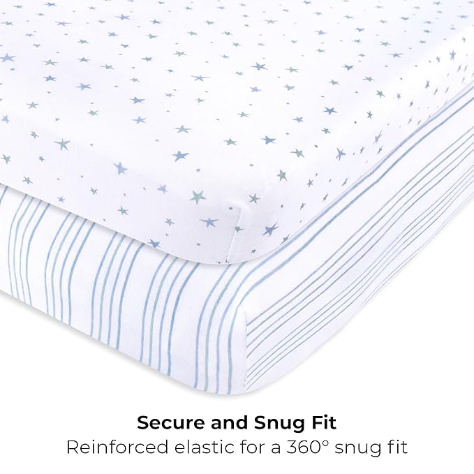 Ely’s & Co. Pack and Play Sheets, for Mini/Portable Crib, 2 Pack Fitted Playpen Play Yard Sheet Set Compatible with Graco Pack n Play, for Baby Boys, 100% Cotton, Blue Stars and Stripes, 38”x24”x5”
