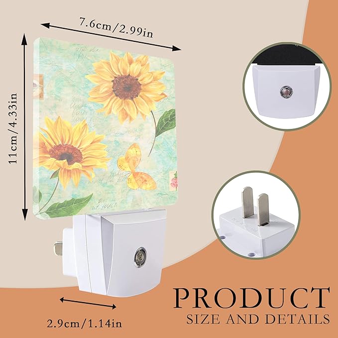 Vintage Sunflowers Night Light Plug into Wall,Butterfly Night Light with Dusk to Dawn Sensor Night Light for Kid Girls Boys Women Men Room Decor,Hallway,Kitchen,Bathroom,Nursery,Stairs