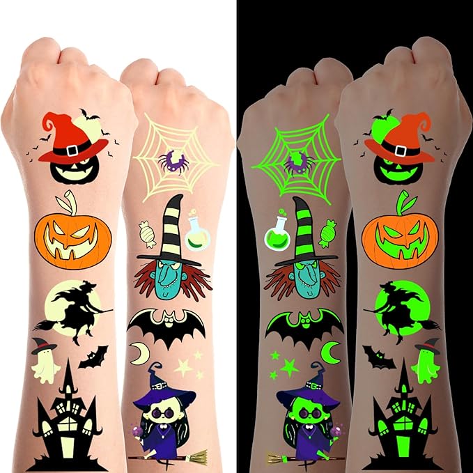 JCFIRE Glow Halloween Party Supplies, Halloween Temporary Tattoos for Kids Party Favors, Birthday Party Decorations Activities Games Accessories, Goodie Bags Fillers