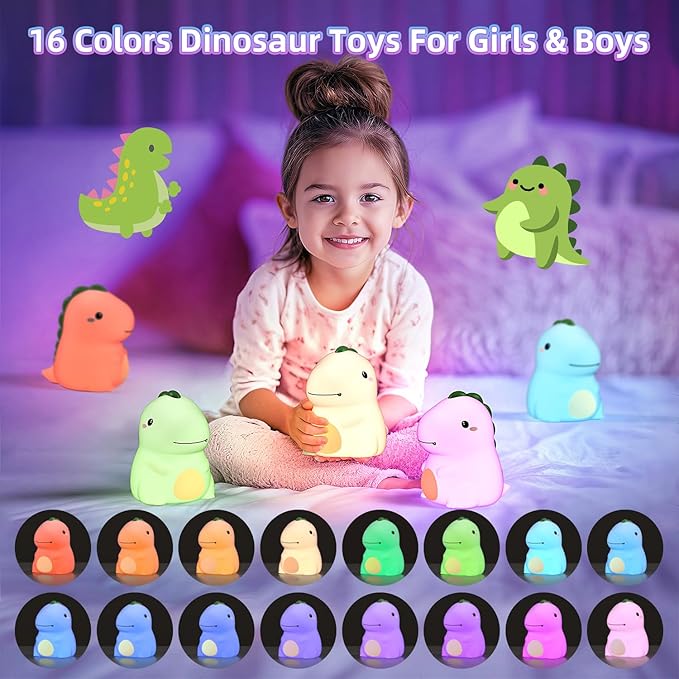 Dinosaur Night Light for Boys, Dino Lamp Silicone Light, 16 Color Nightlight, Rechargeable Battery Powered, 30Min Timer Off, Ideal Gifts for Kids,Toddler,Baby