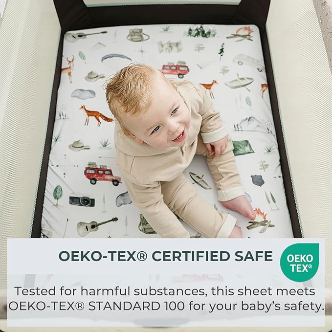 Pobibaby - 2 Pack Premium Pack N Play Sheets Fitted for Standard Pack and Plays and Mini Cribs - Ultra-Soft Cotton Blend, Stylish Woodland Pattern, Safe and Snug for Baby (Explore)