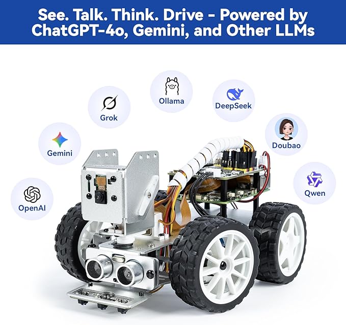 SunFounder Picar-X AI Video Robot Car Kit for Raspberry Pi 5/4/3B+/Zero 2w, LLMs ChatGPT-4o/Gemini/Grok, Voice&Video Recognition, Python, Scratch, Camera, Batterry (RPI NOT Included)