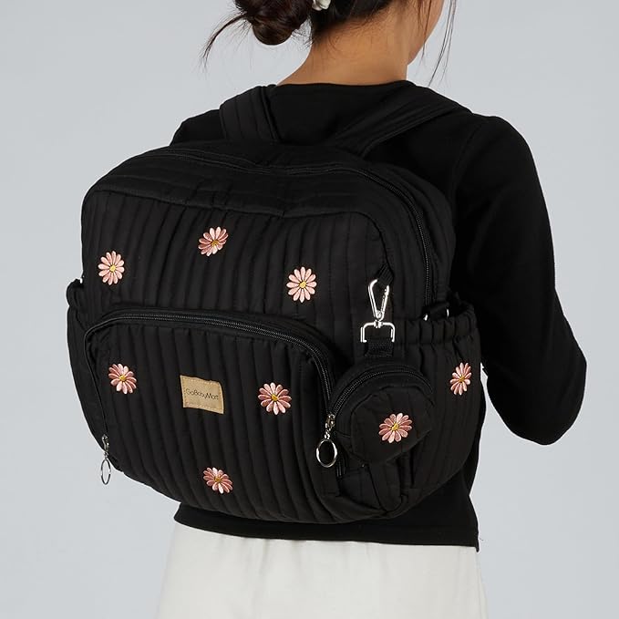 Diaper Bag Backpack, Medium Maternity baby bag & Changing Pad, Insulated Pockets, Stroller Straps & Pacifier Case (Medium - Black Flowers)