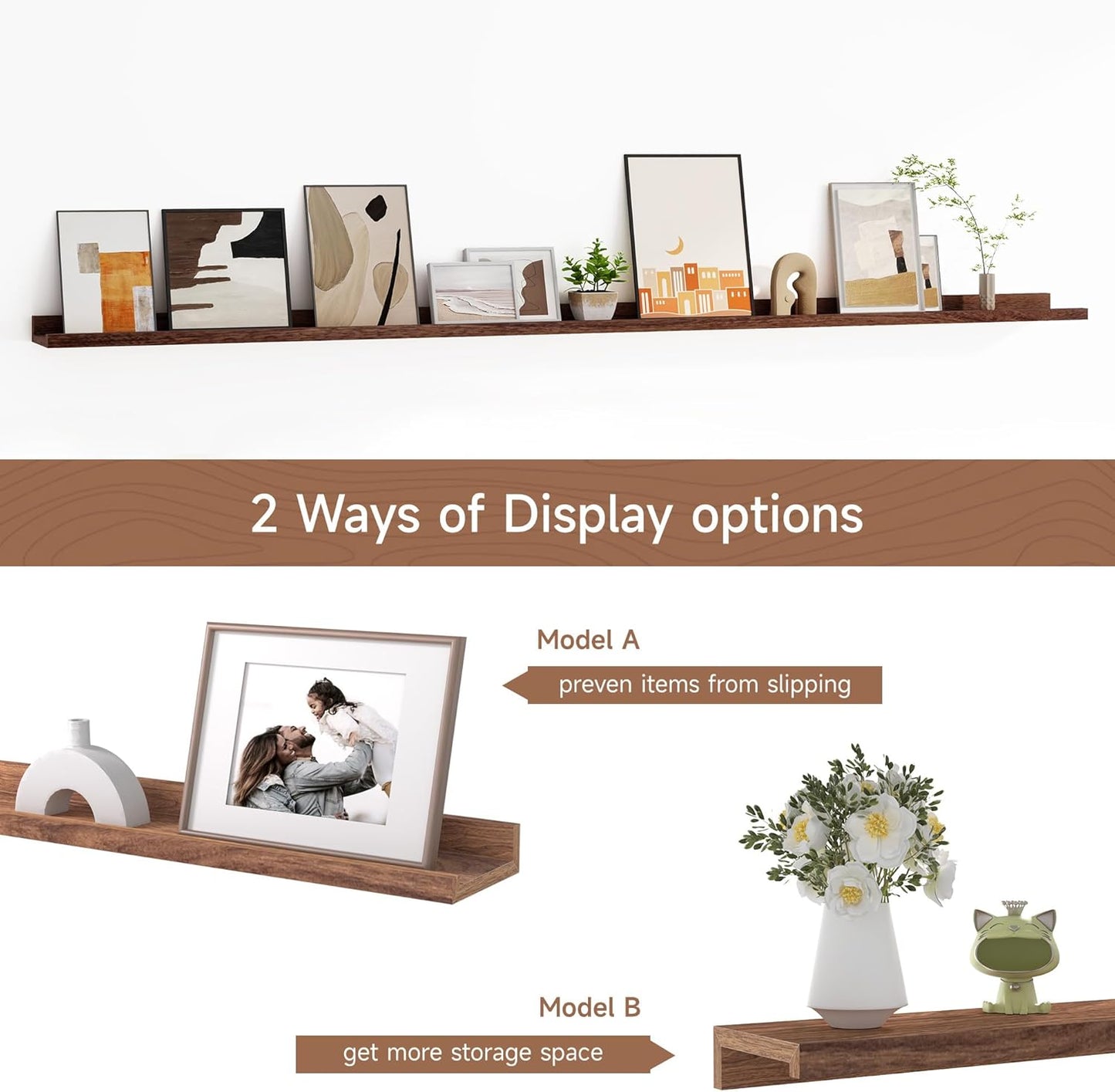 Floating Picture Ledge Shelves for Wall Set of 2, 72 Inches Picture Ledge Shelf with Long Large Nursery Book Shelf for Toys Storage Kids Bookshelf Wall Mounted Living Room Bedroom Decor Frames, Walnut