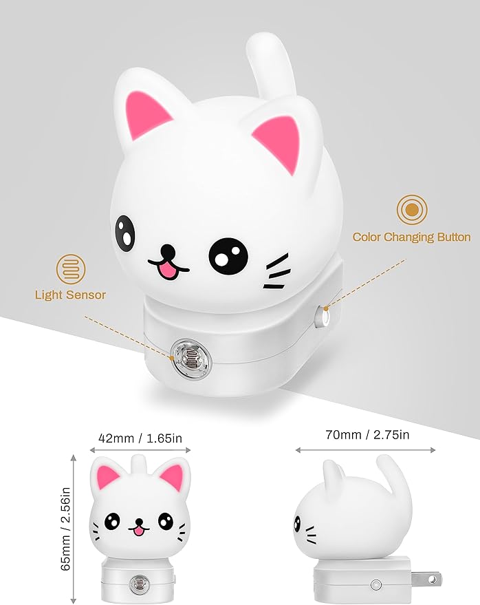 DORESshop Cat Night Lights Plug Into Wall, Cute Night Light for Kids, 8-Color RGB LED Night Light with Dusk to Dawn Sensor, Nightlight for Kids Room, Bathroom, Bedroom Décor, Children Gift