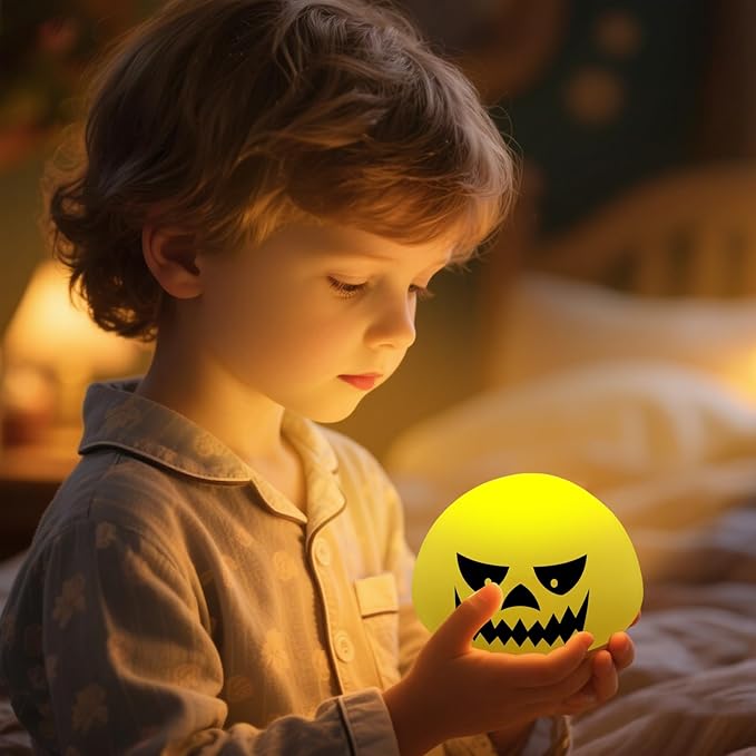 Funny Devil Pumpkin Night Light - Color Changing Half-Sphere Silicone Lamp, Battery Powered, Dimmable Glow for Halloween Christmas Decor, Novelty Gift (Yellow)