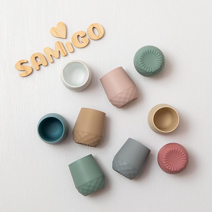 SAMiGO Silicone Baby Utensils - Self Feeding Spoons and Tiny Training Cup - First Stage Baby Led Weaning Supplies for 6 Months+ Infants - Set of 3