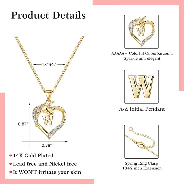 Hidepoo Unicorn Necklace Gifts for Girls - 14K-Gold-Plated Colorful CZ Heart Necklace Girls Jewelry Initial Unicorn Necklaces for Girl Birthday Gifts