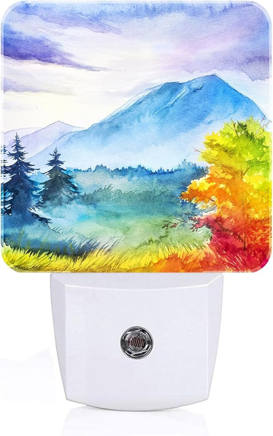 Watercolor Mountains and Forest Night Light,Plug Into Wall for Boys Girls Bedroom Decorative Square Night Light Lamp 0.5w Sleep Friendly