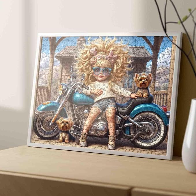 1000 Piece Jigsaw Puzzle for Adults, Girl and Yorkshire Terrier on Motorcycle Puzzles, Girl DIY Puzzles for Home Decoration Gift, Challenging Puzzle for Family Game Nights 20 x 27 Inch