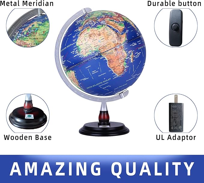 12” Raised Relief World Globe with LED Light, Desk Globe with Wood Base & Metal Meridian,Educational Geography Tool for Students, Teachers & Office Decor(Blue, 12 Inch)
